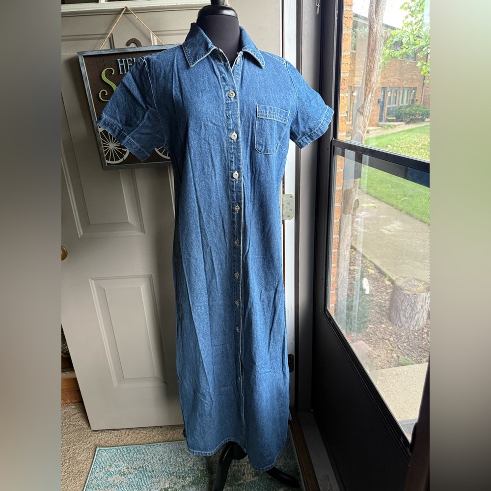 Vintage 90s Carolina Blues denim button down maxi shirt dress, size 12